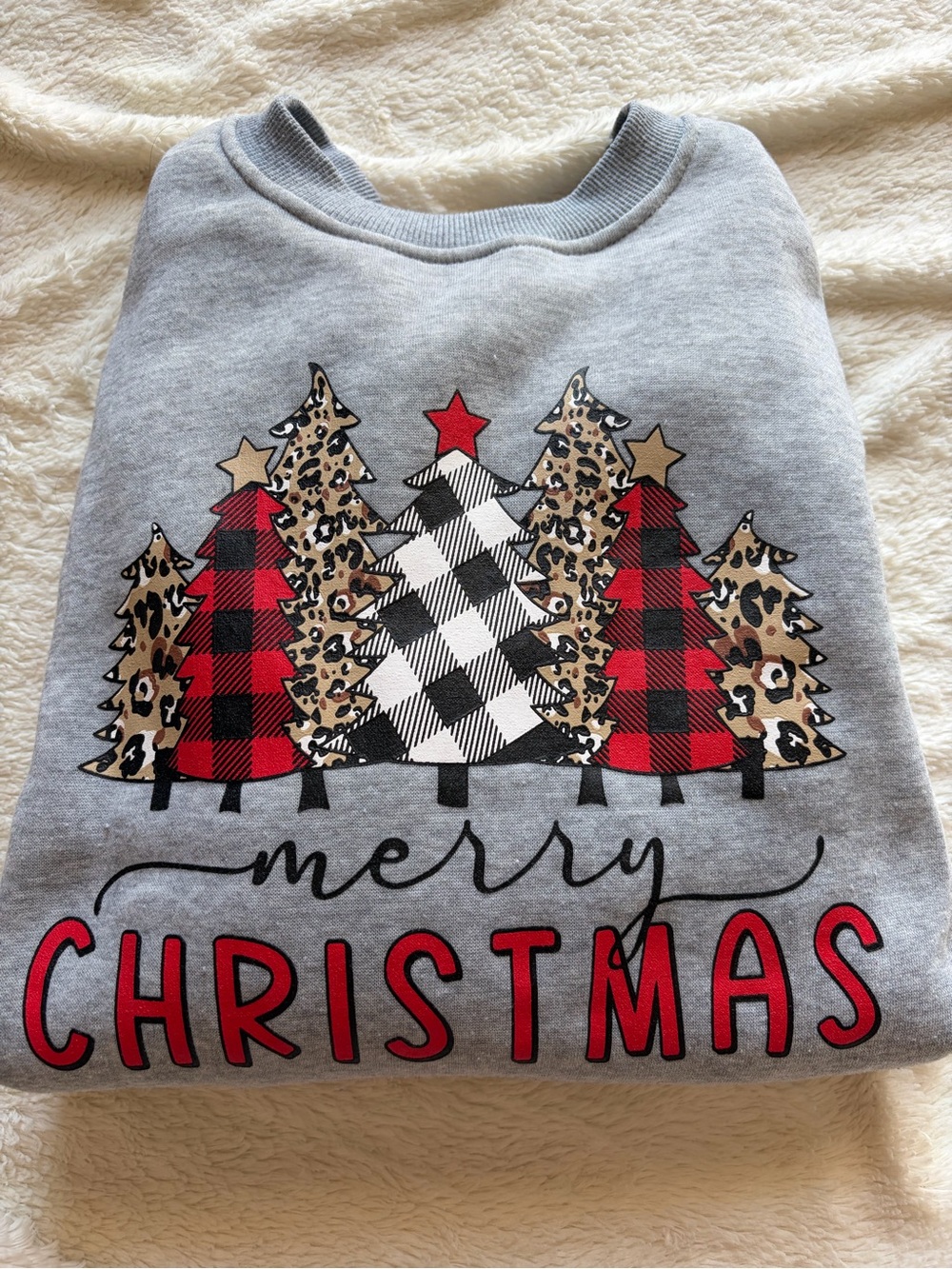 Womens Grey 'Merry Christmas' Graphic Sweatshirt with Plaid & Leopard Trees